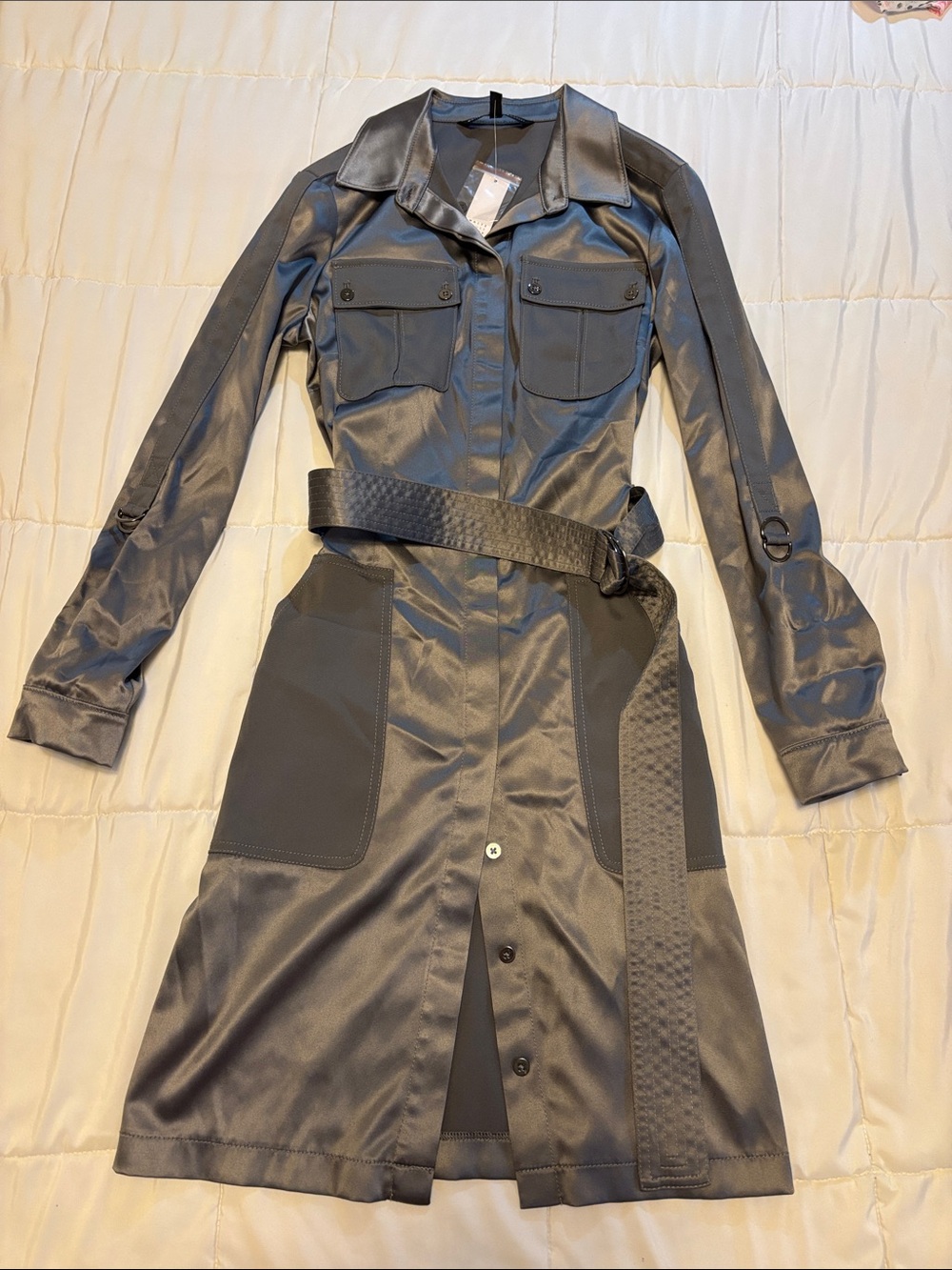 White House Black Market Charcoal Satin Utility Shirtdress with Belt